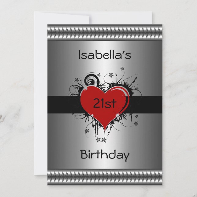 Invitation Birthday Red Heart on Silver (Front)