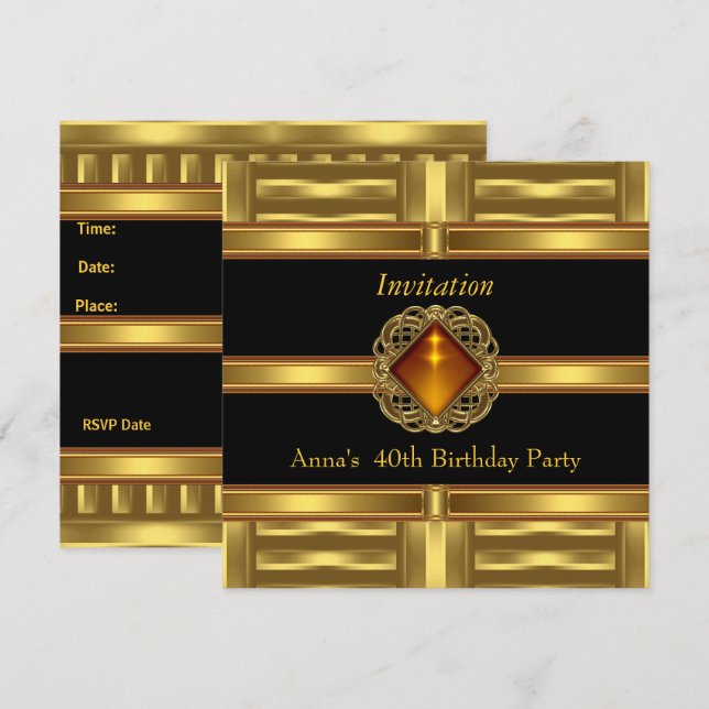 Invitation Black Gold on Gold 40th Birthday Party (Front/Back)