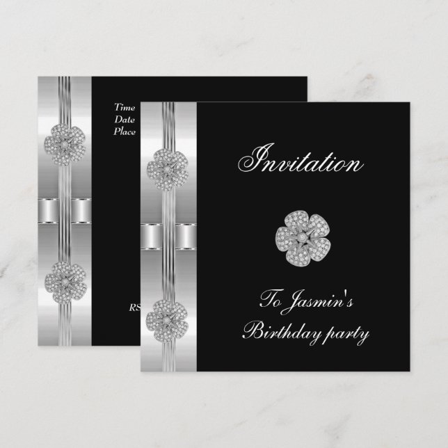 Invitation Black Silver Diamond flower Jewel (Front/Back)