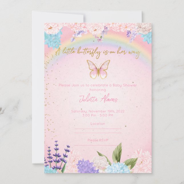 Invitation Butterflies Rainbow Flowers pink gold (Front)