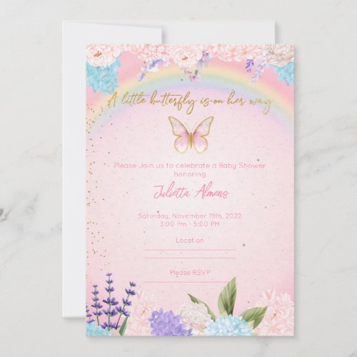 Invitation Butterflies Rainbow Flowers pink gold