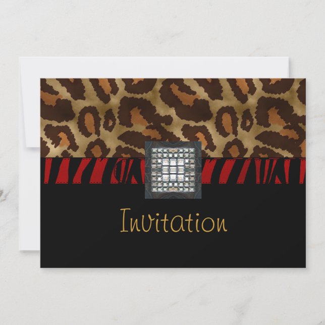 Invitation Card Black White Wild Animal Red Belt 2 (Front)