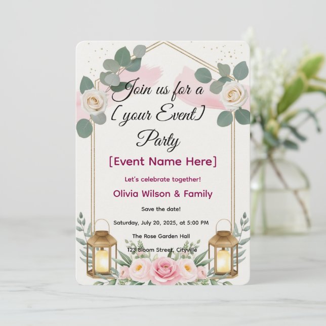 Invitation Card Elegant Floral Lantern (Standing Front)