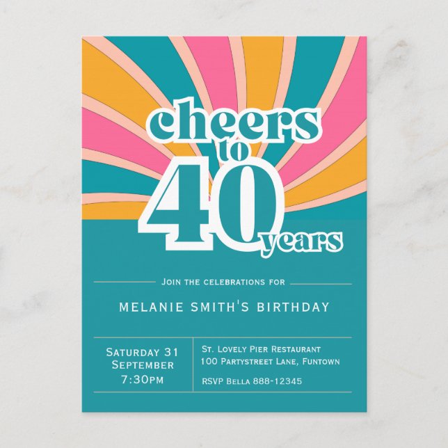 Invitation "Cheers to 40 years", retro 40th bday Postcard (Front)