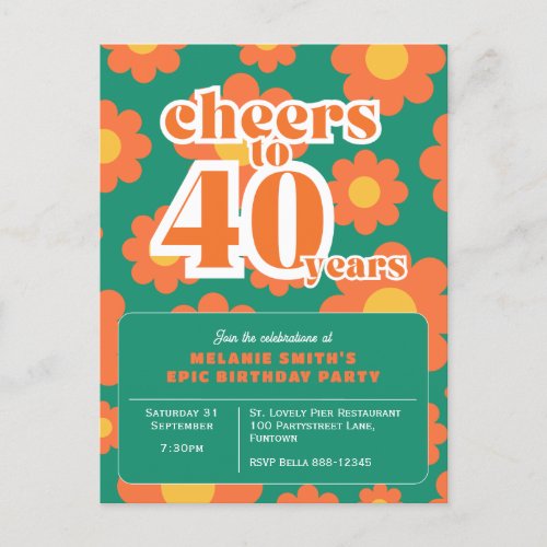 Invitation Cheers to 40 years retro green 40th  Postcard