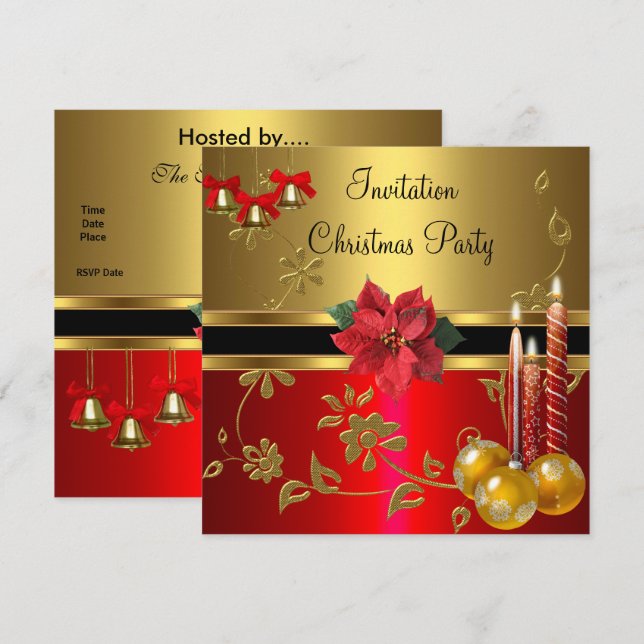 Invitation Christmas Holiday Party Gold  Red Xmas (Front/Back)