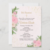 Elegant Blush Pink Floral Gold Bautizo Spanish Invitation