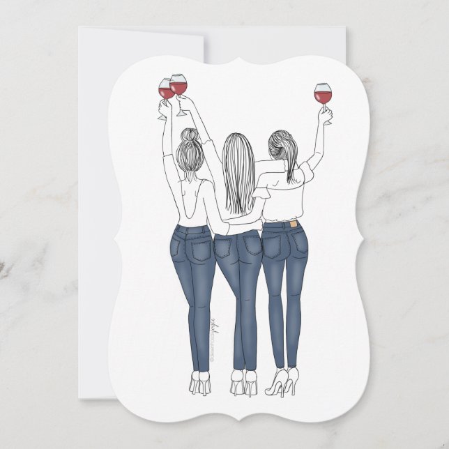 Invitation Drawing Three Friends with Wine (Front)