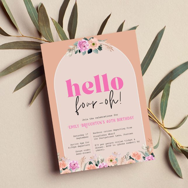 Invitation Dusty Rose floral "hello four-oh" retro (Creator Uploaded)