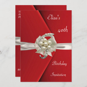 Invitation Elegant 40th Red Velvet Pearl Jewel Bow