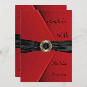 Invitation Elegant 50th Red Velvet Pearl Jewel Bow