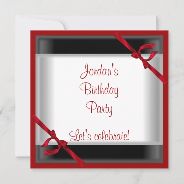 Invitation Elegant Birthday Party Black White Red (Front)