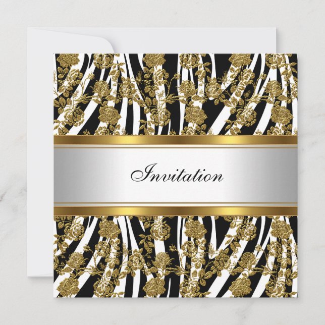 Invitation Elegant Classy Gold Black Zebra Floral (Front)