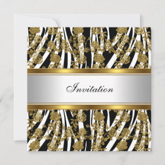 Invitation Elegant Classy Gold Black Zebra Floral