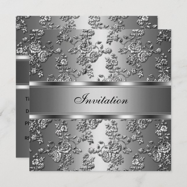 Invitation Elegant Classy Silver Embossed Floral (Front/Back)