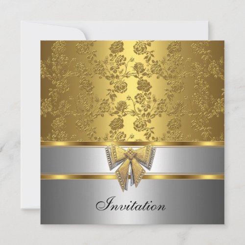 Invitation Elegant Gold Silver Floral damask bow