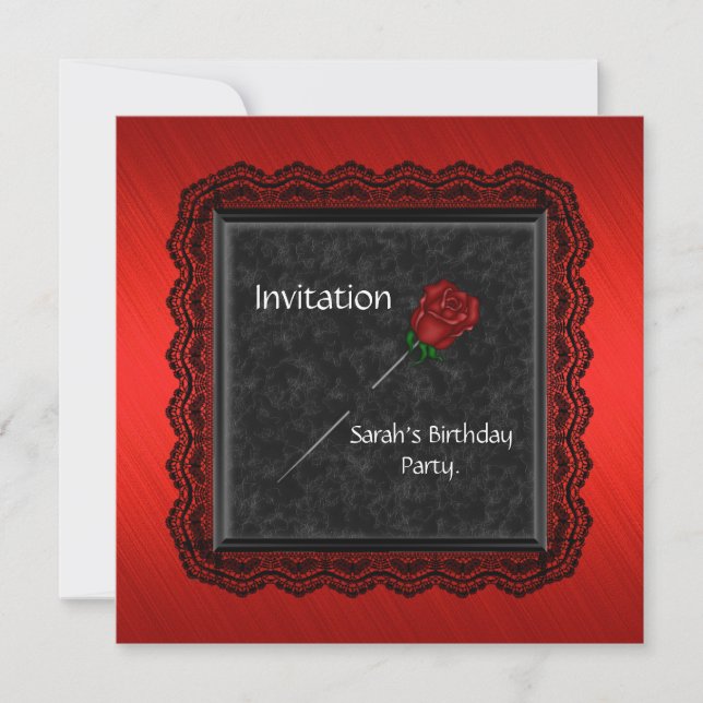 Invitation Elegant Red Rose Black Lace (Front)