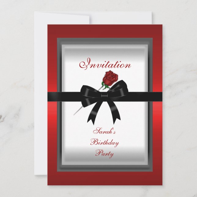 Invitation Elegant Red Rose Black Ribbon Bow 3 (Front)