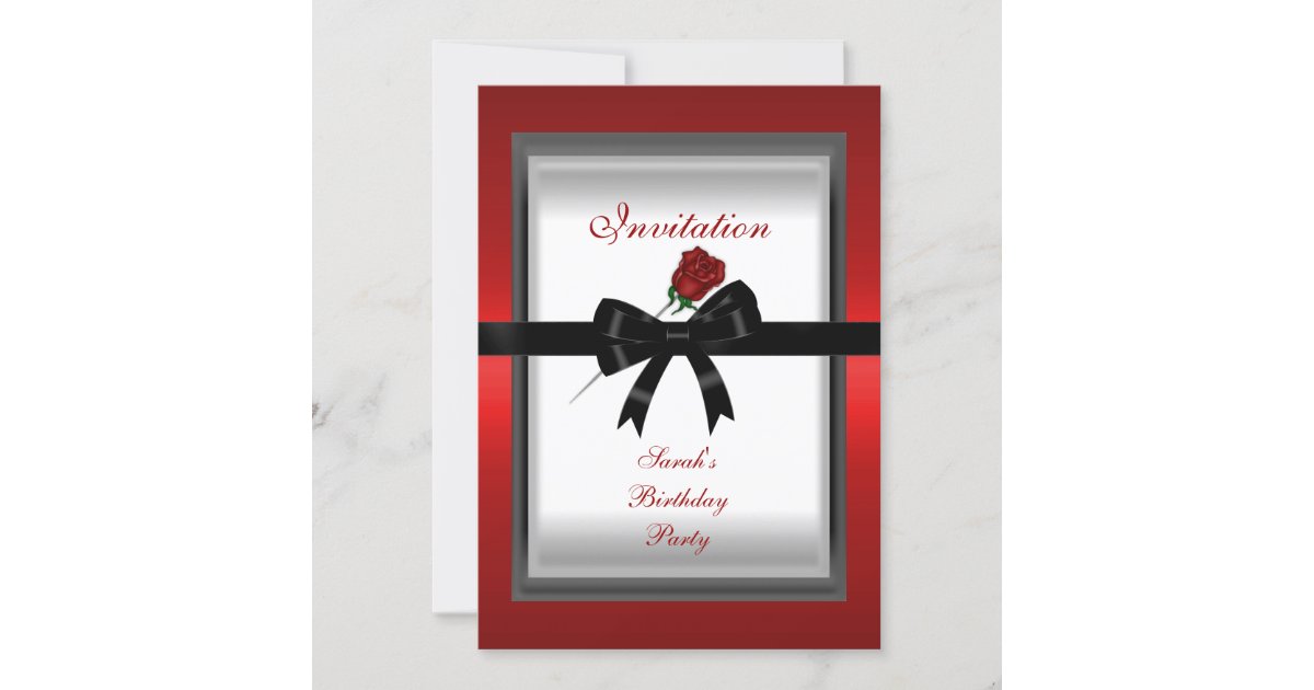 Invitation Elegant Red Rose Black Ribbon Bow 3 | Zazzle