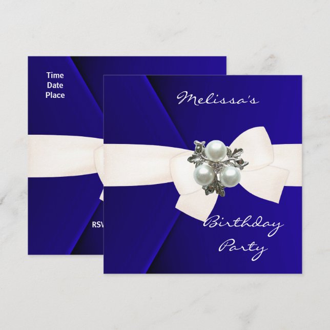 Invitation Elegant Royal Blue Velvet Pearl (Front/Back)