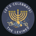 Invitation Envelope Seal Menorah | Hanuakkah<br><div class="desc">This party invitation envelope seal features modern block typography,  a fun floral bouquet and watercolor menorah. Personalize the text and/or background color. To customize the navy blue background color,  choose customize tool and select any of your choosing.</div>