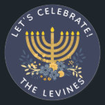 Invitation Envelope Seal Menorah | Hanuakkah<br><div class="desc">This party invitation envelope seal features modern block typography,  a fun floral bouquet and watercolor menorah. Personalize the text and/or background color. To customize the navy blue background color,  choose customize tool and select any of your choosing.</div>