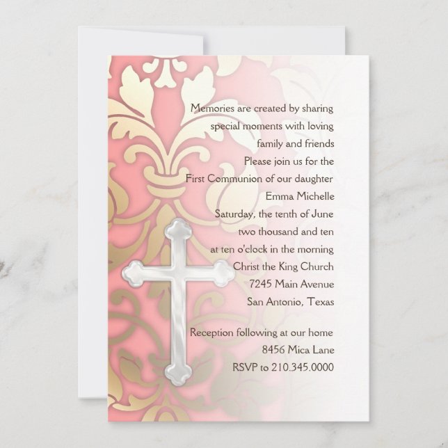 Invitation First Communion Damask and Cross Pink (Front)