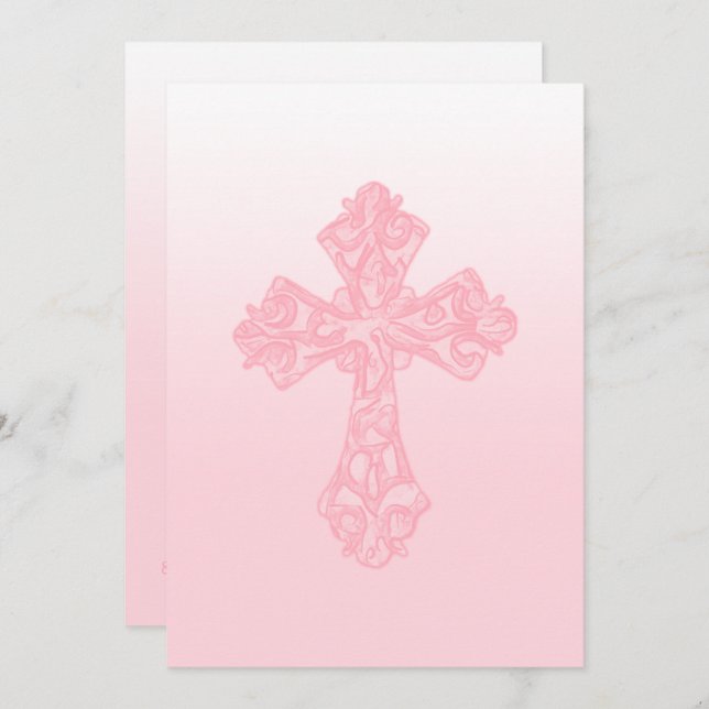 Invitation First Communion Watercolor Cross Pink (Front/Back)
