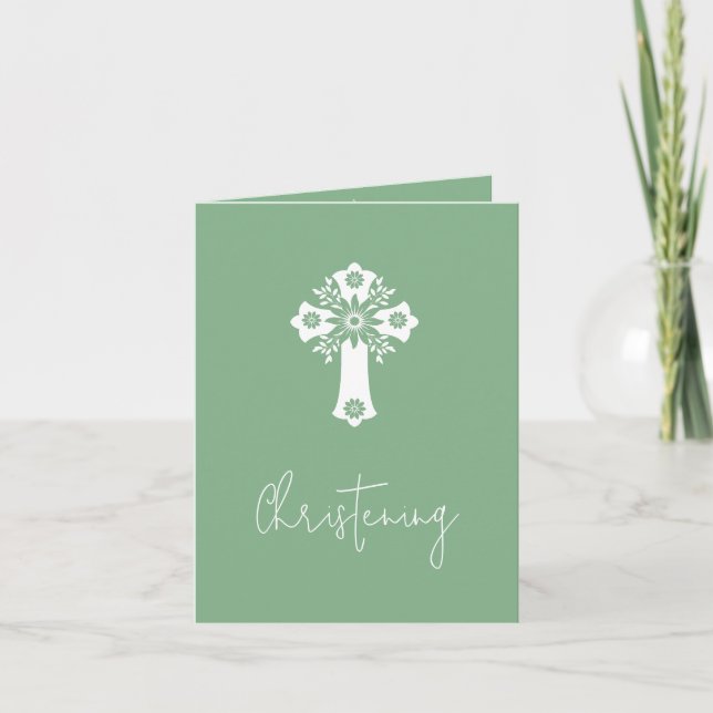 Invitation Floral Cross Christening Sage Green (Front)