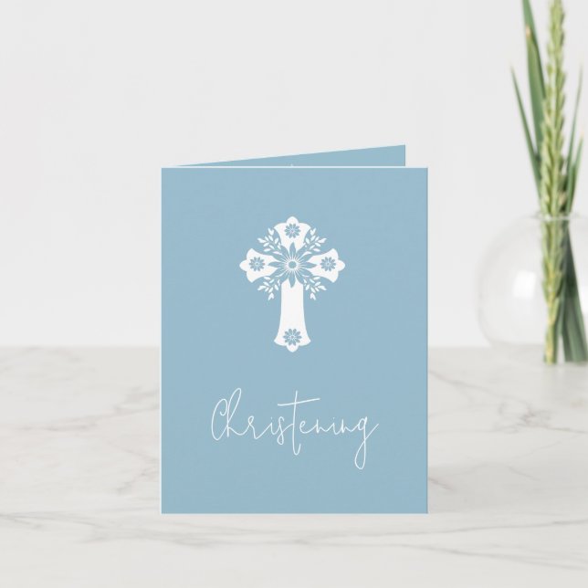 Invitation Floral Cross Christening Sky Blue (Front)