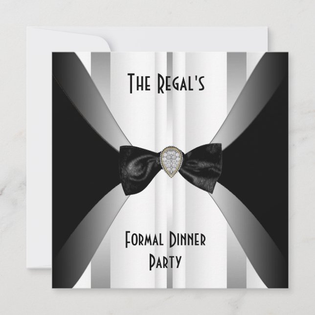 Invitation Formal Dinner Black White Silver Bow (Front)