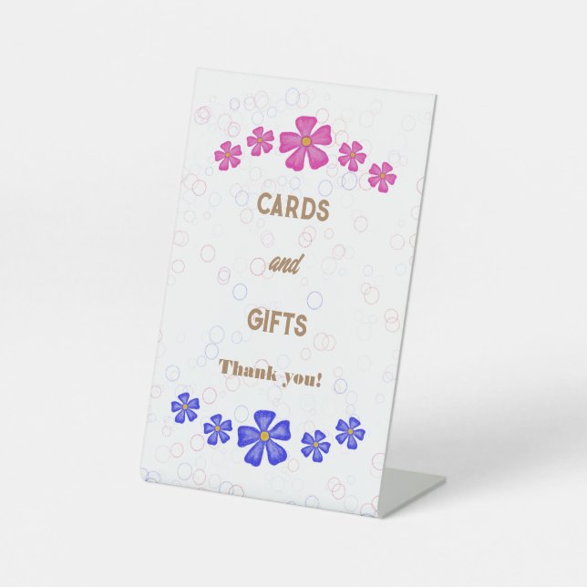 Invitation Glitter pink and blue flowers Pedestal Sign (Front)