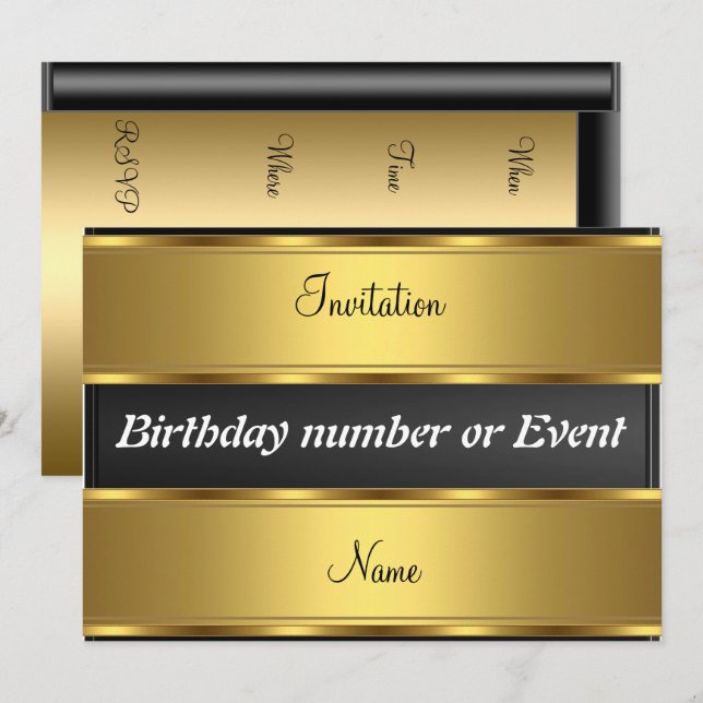 Invitation Gold and Black Birthday Party (Front/Back)
