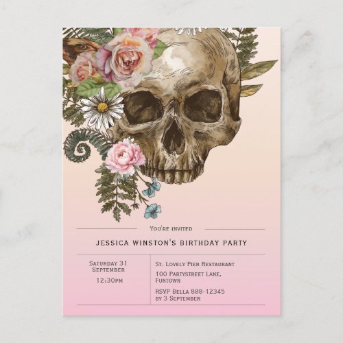 Invitation Gothic Dusty Pink Vintage Skull  Postcard