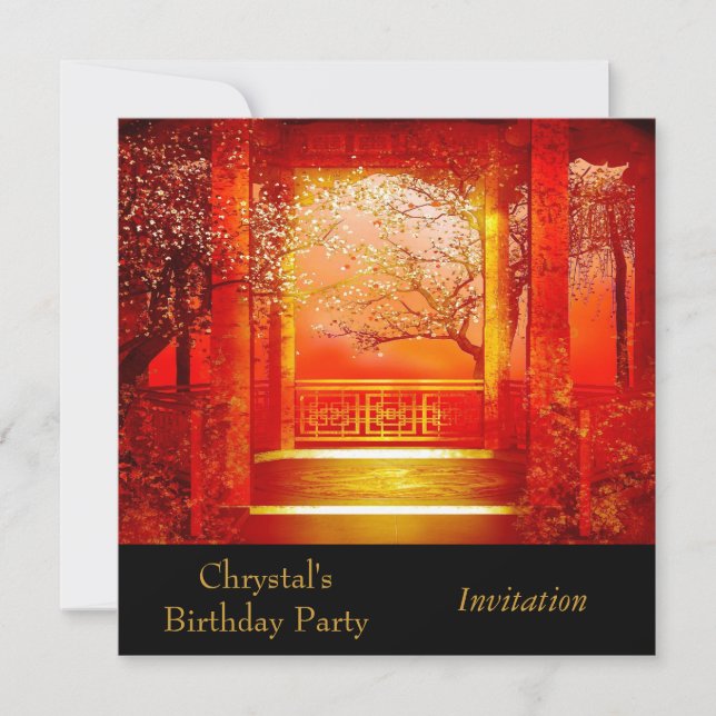 Invitation Invite Birthday Party Asian Scene Red (Front)