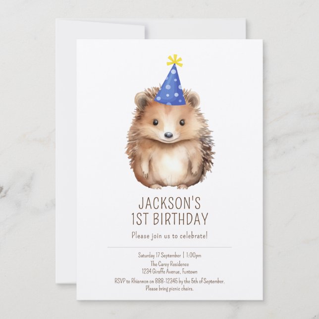 Invitation kids birthday, simple cute Hedgehog (Front)
