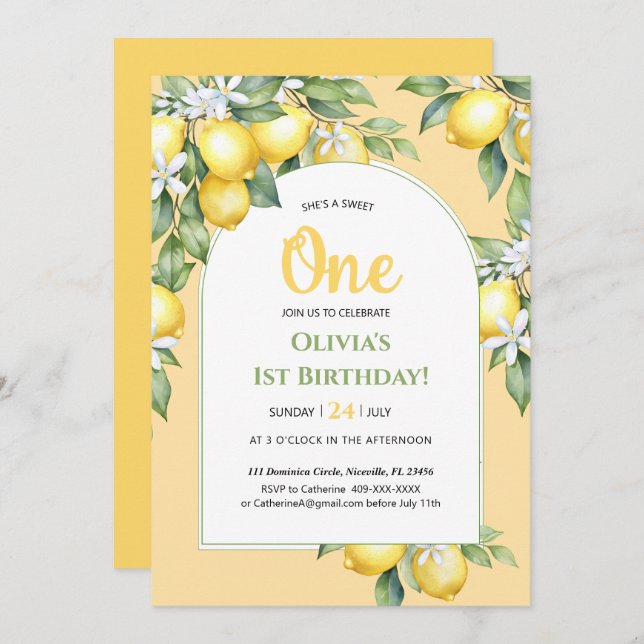 Invitation Lemon citrus 1st birthday. (Front/Back)