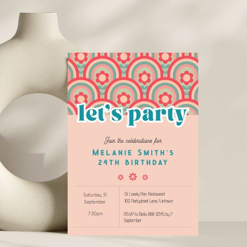 Invitation Lets Party Retro flower child pink 