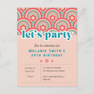 Invitation "Let's Party" Retro flower child, pink  Postcard