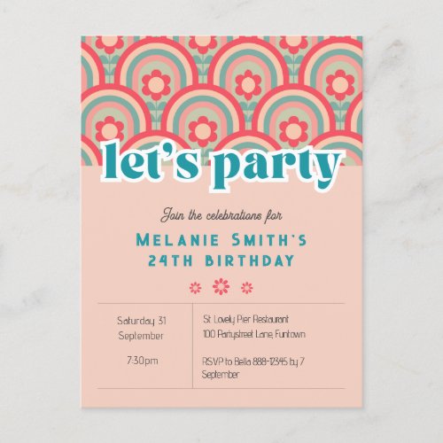 Invitation Lets Party Retro flower child pink  Postcard