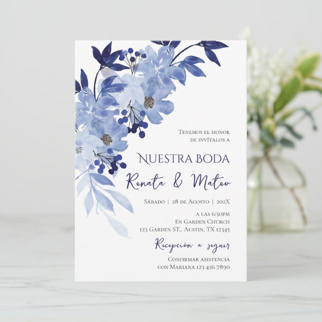 Invitation Navy Blue Spanish Wedding Invitation (Standing Front)
