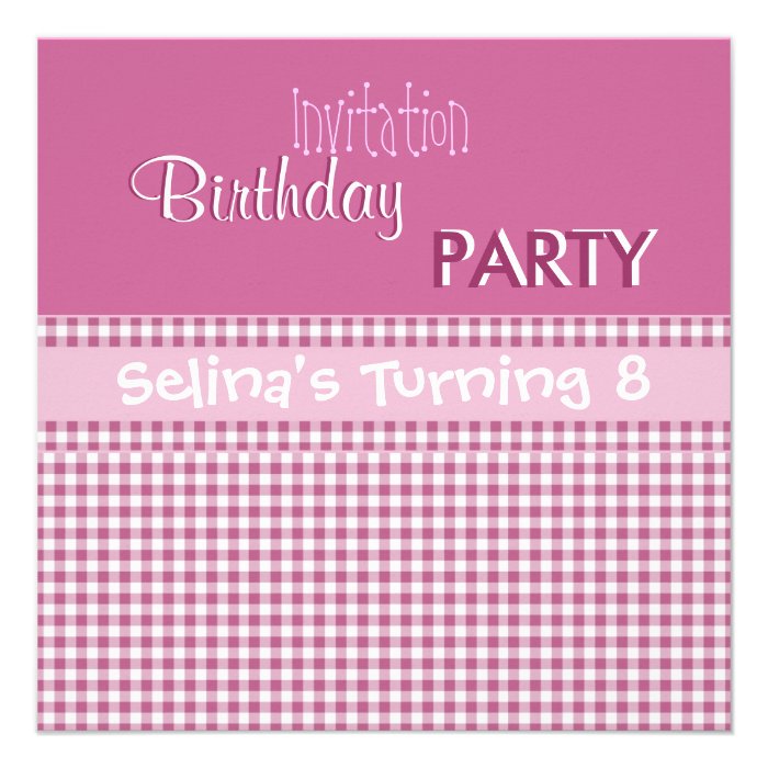 Invitation Party Cute Pink Check Girls Birthday 8 Custom Invite