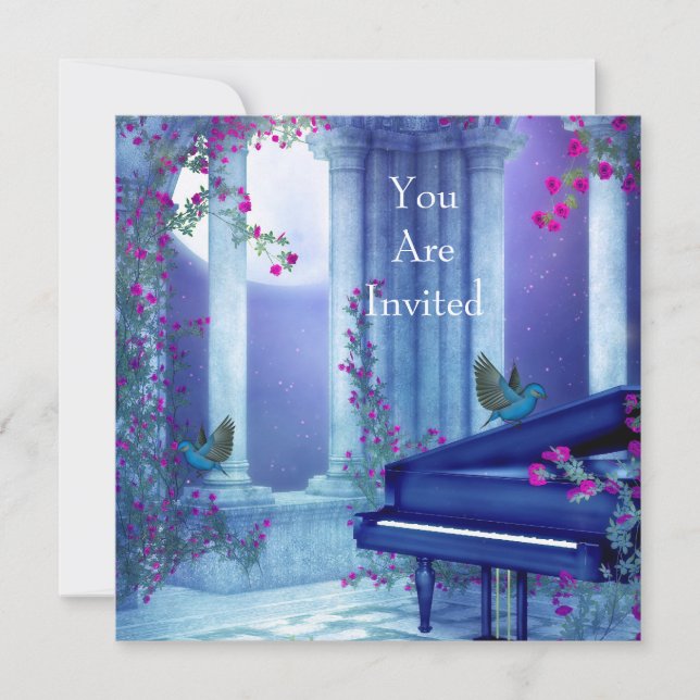 Invitation Party Piano Birds Moonlight Blue (Front)