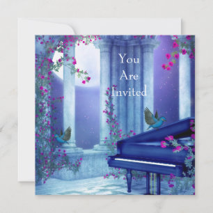 Invitation Party Piano Birds Moonlight Blue