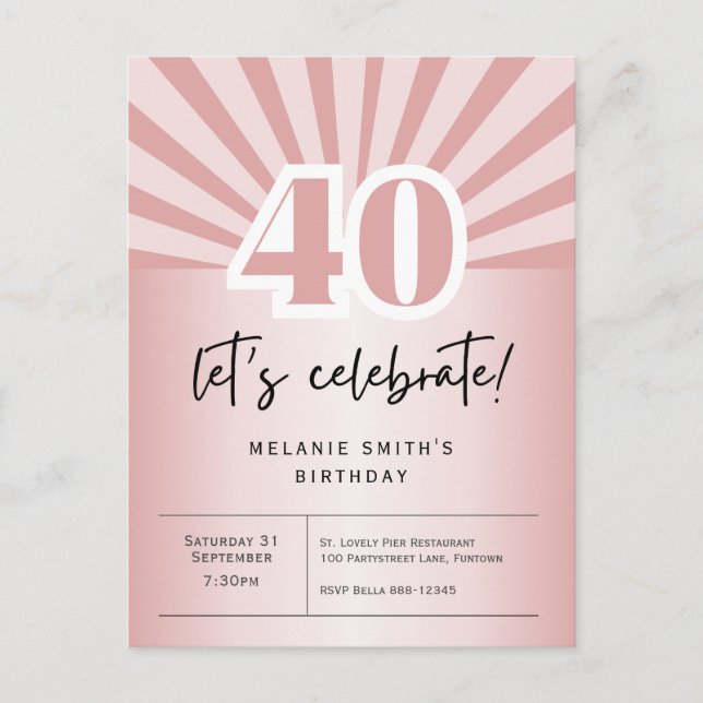Invitation postcard 40th birthday, retro rose gold (Front)