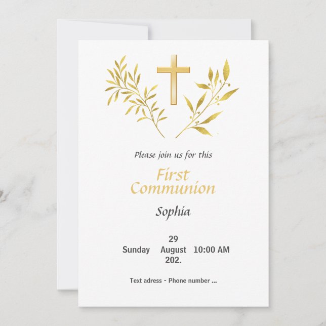 Invitation Première Communion - Croix feuillage or (Front)