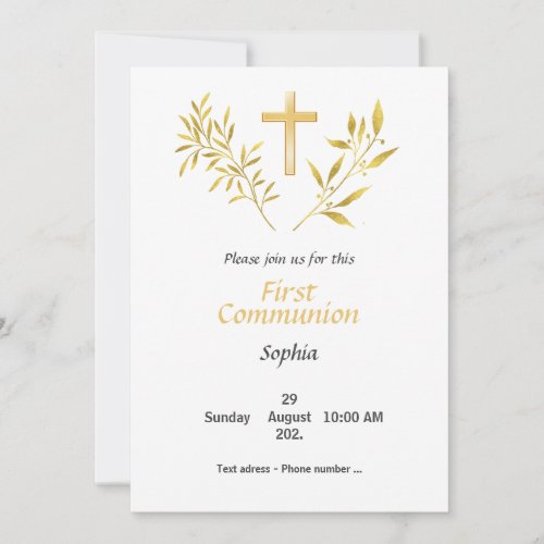 Invitation Premire Communion _ Croix feuillage or