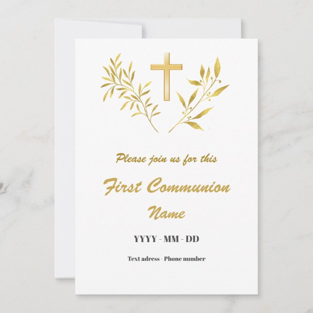 Invitation Première Communion - Croix fleuilles or (Front)