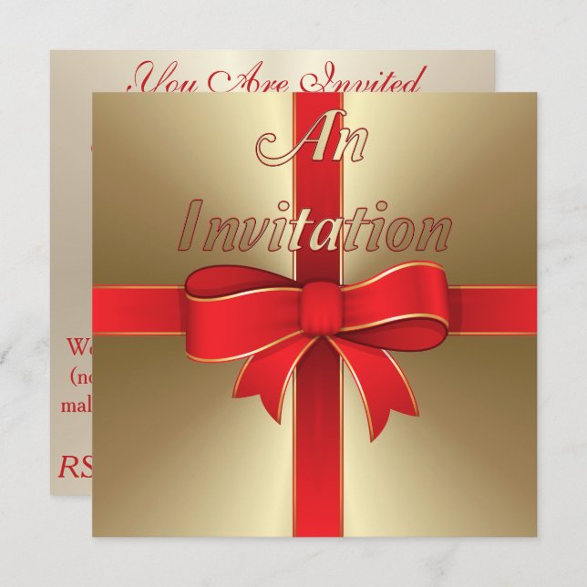 Invitation - Red Bow & Ribbon on Gold (Front/Back)