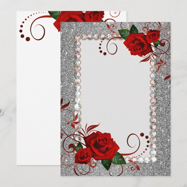 Invitation-Red Rose Fancy Glitter Bling Invitation (Front/Back)